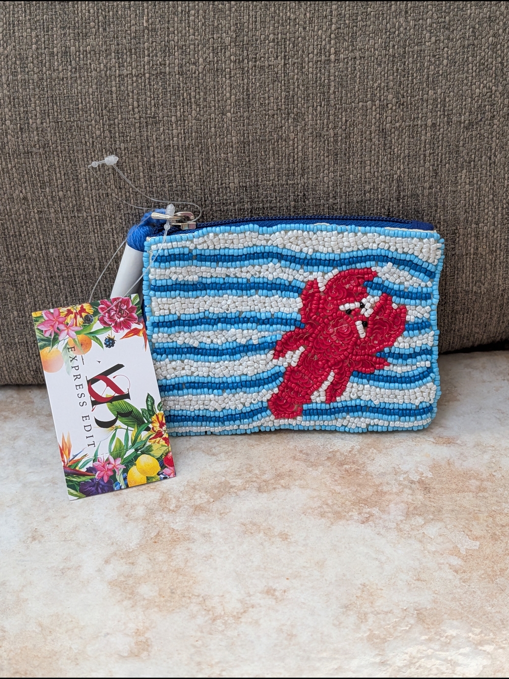 Express Edit Beaded Blue & White Stripe Coin Pouch with Red Lobster Motif NWT